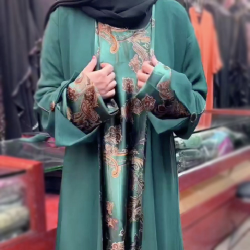 printed open green color abaya